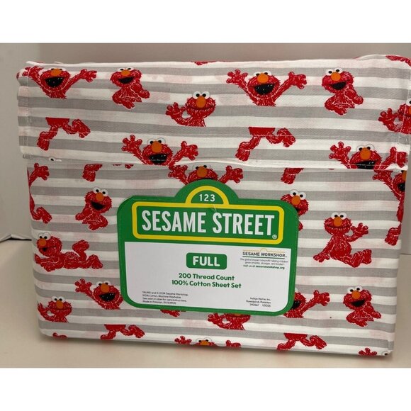 Sesame Street Full Size 4-Piece 200 Thread Ct.100% Cotton Sheet Set W/Elmo Print - Picture 1 of 5
